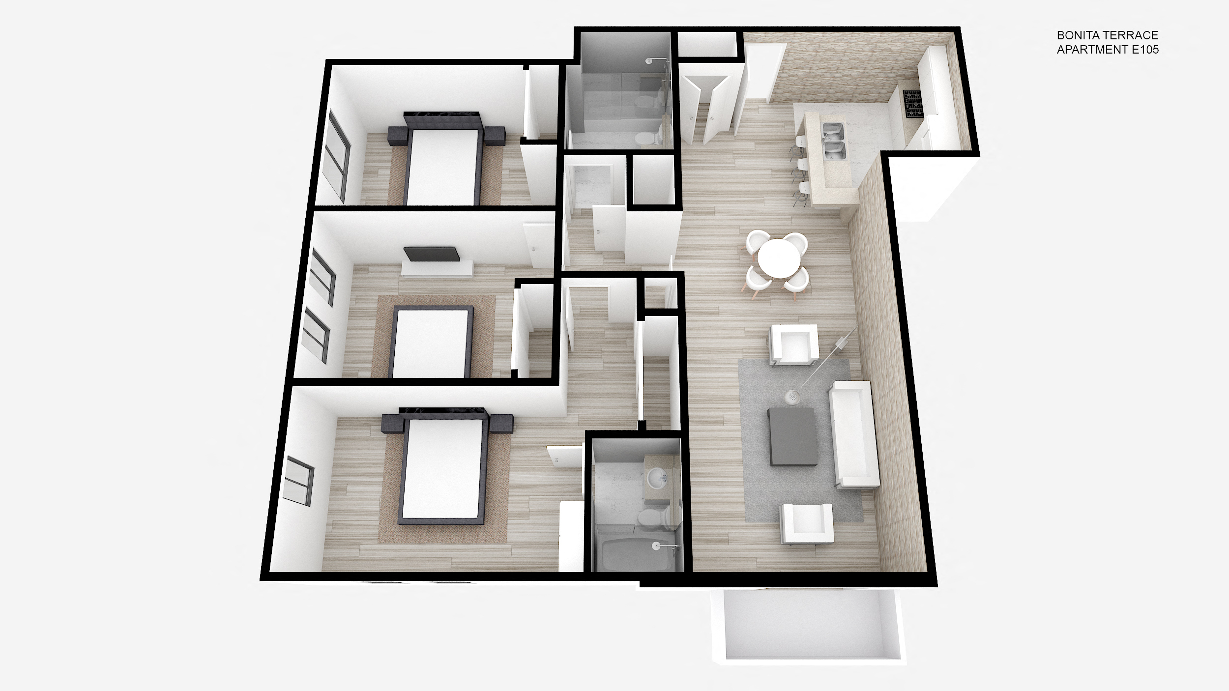 Floor plan for 3 beds, 2 baths, 1343 sqft